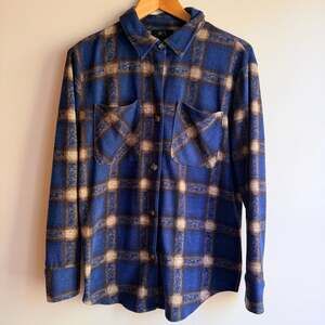 BCX Oversized Blue and Brown Plaid Button-Up Flannel Shacket- Size Small